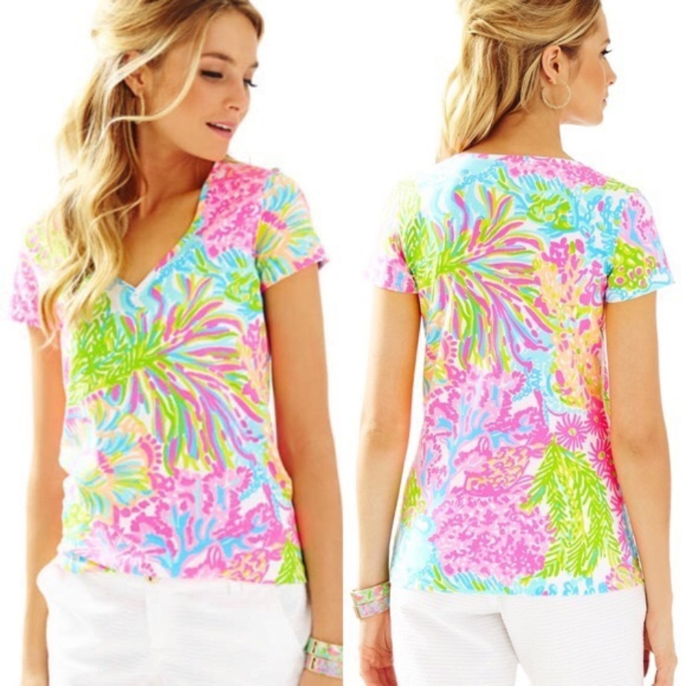 lilly pulitzer lovers coral michele v neck tee xxs